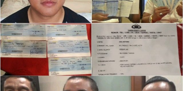 foto diatas pihak keluarga dan kuasa hukum menunjukan cek kosong berdampingan dengan foto Ade Okta Saputra, Poto di tengah5 lembar cek kosong dan Laporan Polisi di Polresta, dan foto dibawa Kuasa Hukum Bahrul di tengah lagi klarifikasi dengan awak media.